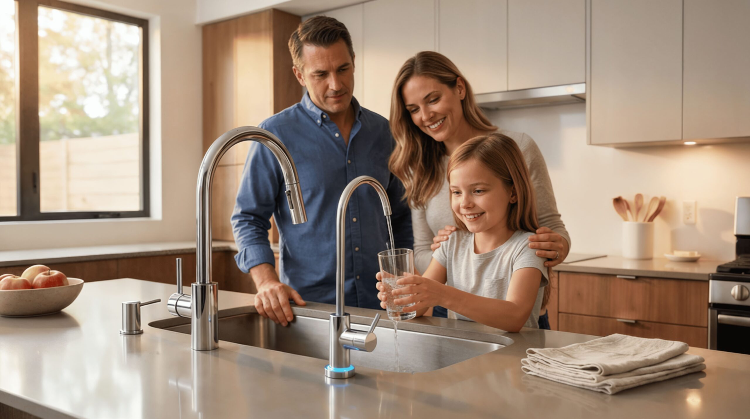 Familia disfrutando agua purificada en casa con INDALO